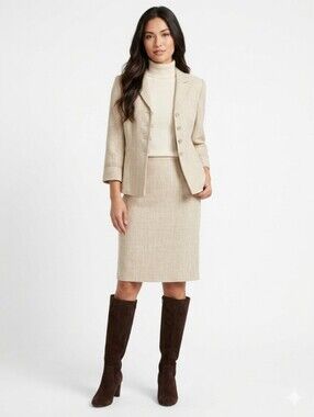 Kasper Light Taupe Two-Piece Skirt Suit Jacket & Midi Skirt